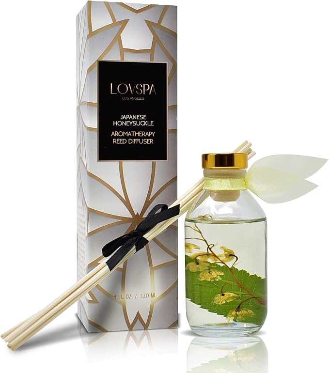 Japanese Honeysuckle Diffuser Set, Luxury Home Fragrance, Room Scent | Honeysuckle, crimson rose, and floral bouquet profile, shelf decor, guest bath, decorative glass bottle, home aroma