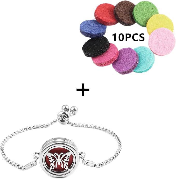 Essential Oil Diffuser Bracelet Aromatherapy Locket Adjustable Stainless Steel Butterfly Bracelet with 10 Pcs Refill Pads for Women Girls