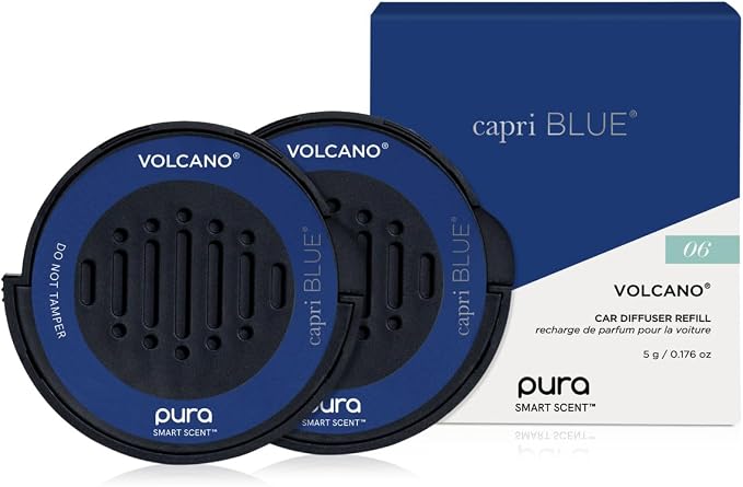 Capri Blue Pura Car Diffuser Refills - Includes 2 Car Air Freshener Pura Scent Diffusers - Long Lasting Air Freshener - Refills Only - Notes of Sugared Citrus & Tropical Fruits (Volcano, 2 Pack)