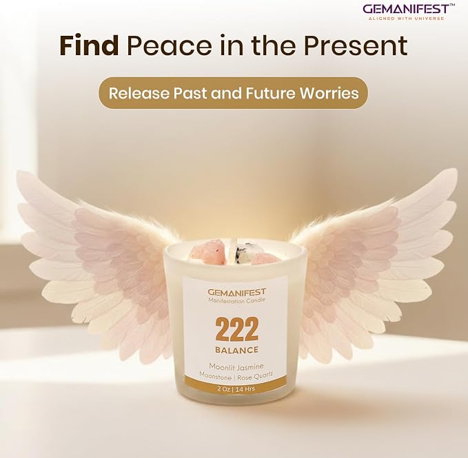 Angel Number 222 Manifestation Candle Crystal Infused Soy Wax with Moonstone & Rose Quartz Moonlit Jasmine Scented Spiritual Gift for Balance Meditation Affirmation and Energy Alignment