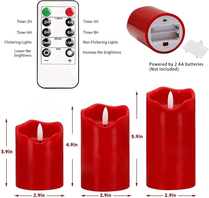 VEEKI Flameless Candles Lights, Set of 3 Flickering LED Candles with Remote & Timer, Dimmable Real Wax Electric Pillar Candles Battery Operated, Red Candles for Home Christmas Decor (Red)