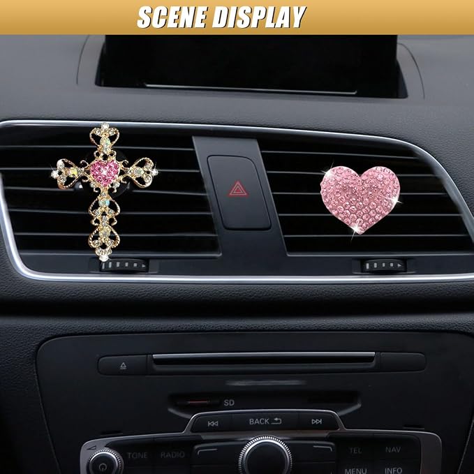 2PCS Bling Cross & Heart Car Dashboard Air Vent Trim Clip, Sparkly Rhinestone Car Air Vent Clips, Diamond Auto Diffuser Charm Clip, Auto Interior Decoration Accessory for Women Girls (Pink)