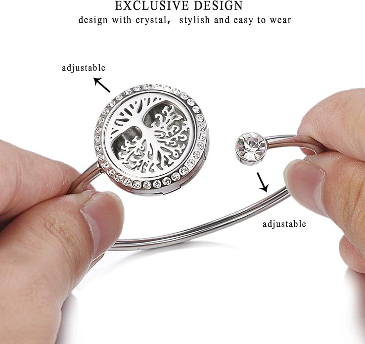 Cupimatch Adjustable Tree of Life Essential Oil Diffuser Bracelet, Stainless Steel CZ Aromatherapy Locket Bangle 8 Color Pads Jewelry Set for Women for Mother's Day