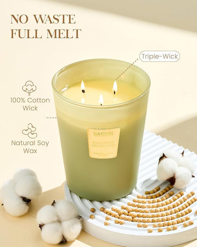 M&SENSE Eucalyptus Cedarwood Soy Candle, 35oz 3-Wick 150H, Large Aromatherapy Candle for Stress Relief Calm, Home Office Decor, Housewarming Gift