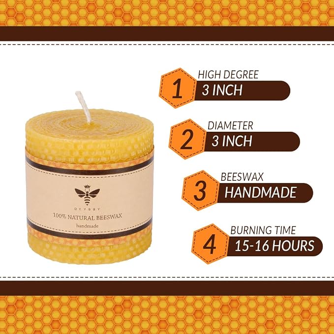 DEYBBY 3×3 in Beeswax Pillar Candle - Handmade Pure Organic Beeswax Honeycomb Rolled Candle for Home Study Decor Housewarming GFT