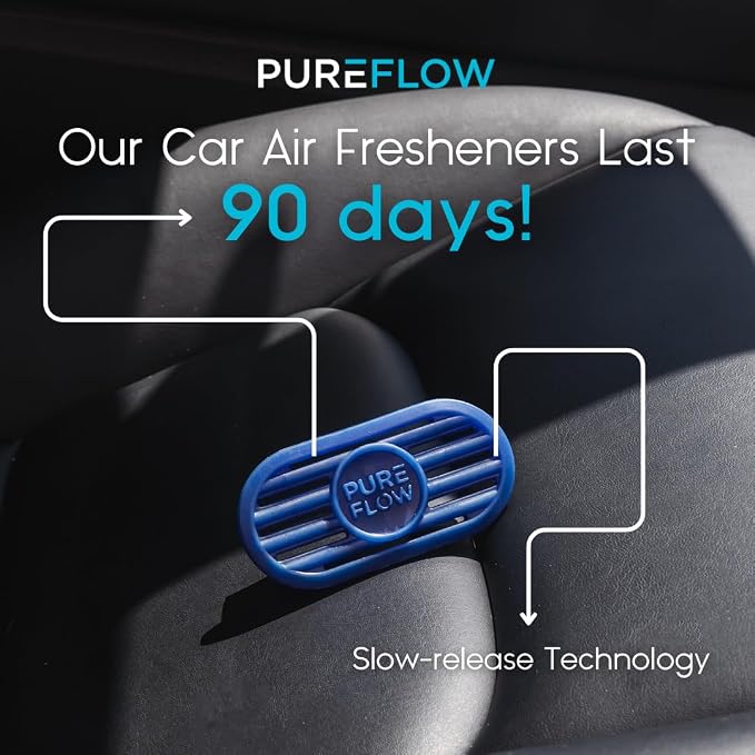 PUREFLOW Cabin Filter Air Freshener with Odor Eliminator – Fits on Most Car, Truck, and SUV Cabin Air Filters - New Car (1 Pack)