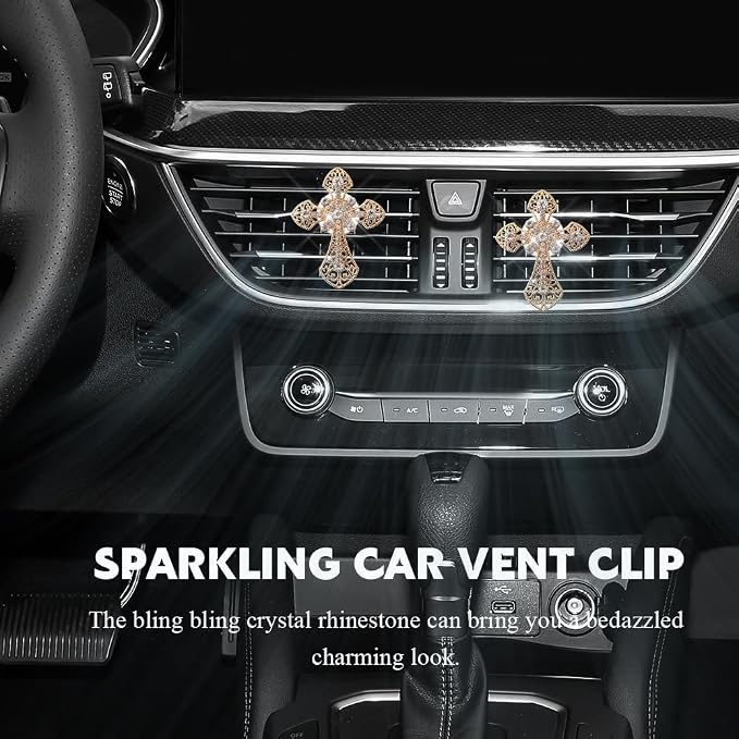 Bling Car Air Vent Clip, Crystal Cross Car Air Fresheners, Rhinestone Vehicle Air Conditioner Outlet Diffuser Vent Clip, Bling Car Interior Accessories Fit for Women and Man (Gold, Style 1)