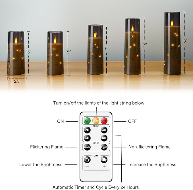 kakoya Flameless LED Candles with Timer 5 Pc Flickering Flameless Candles for Romantic Ambiance and Home Decoration Stable Acrylic Shell,with Embedded Star String，Battery Operated Candles（Grey）