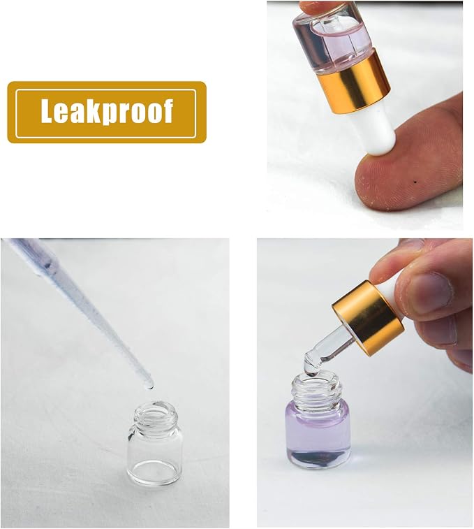 Sample Dropper Bottles, Mini Dropper Bottles with 2 Pcs Plastic Droppers for Traveling Essential Oils DIY Cosmetic Liquid Sample Perfume (Gold, 3ML)