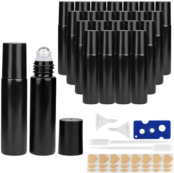 24-Pack 10ml Black Glass Roll-On Bottles with Stainless Steel Rollers, Refillable Roll-On Applicators for Essential Oils, Castor Oil, Aromatherapy, and Empty Deodorant Containers