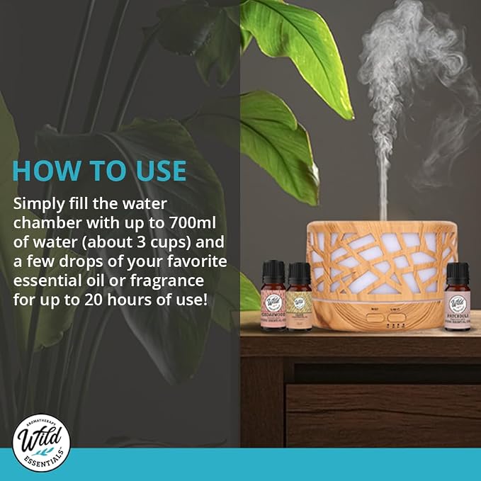 Wild Essentials 700ml Designer Large Room Essential Oil Diffuser, 5 in 1 Ultrasonic Aromatherapy Vaporizer Cool Mist Humidifier, Home, Office, Bedroom, Timer, Auto-Off, 7 Color LED (Light Wood Hearts)