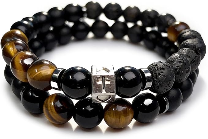 Beaded Bracelets for Men, Cross Hematite Bracelet Set, 8MM Tiger Eye Black Obsidian Lava Rock Essential Oil Diffuser Bracelet for Him(Cross Obsidian)