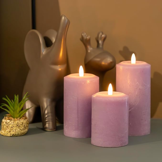 ANGELLOONG Purple LED Candle with Timer, Real Wax Flameless Pillar Candles with Remote, Set of 3 Flickering Electric Battery Operated Candles for Home Decor Halloween Christmas Decoration