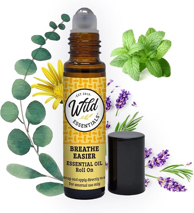 Wild Essentials Breathe Easier Essential Oil Roll On, 10ml for Sinus, Allergies, Stuffy Nose, 100% Pure, Premium Grade Essential Oils and Organic Jojoba Oil, Ready to Use, Moisturizer
