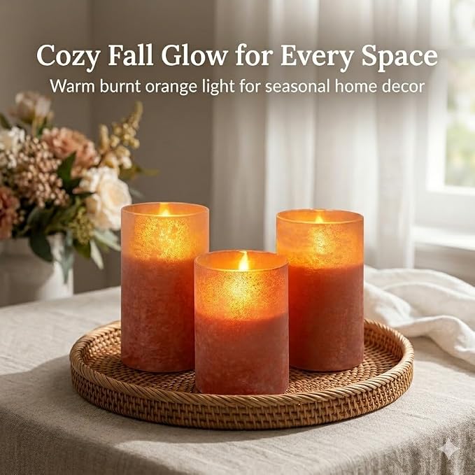 ANGELLOONG Orange Flameless Candles with Remote for Fall Decor, Burnt Orange Real Wax LED Pillar Lights, Flickering Battery Operated Fake Candles for Halloween Christmas Decor