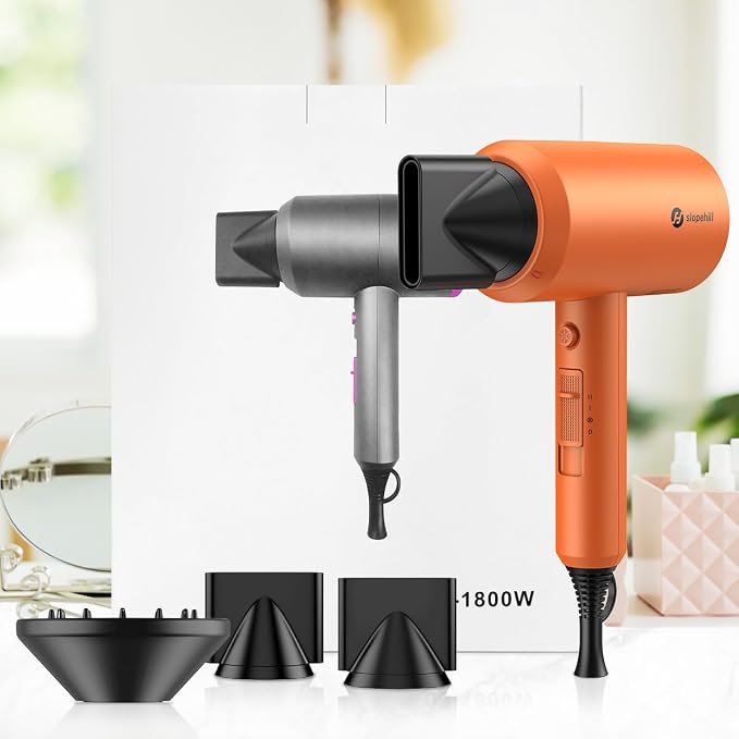 Slopehill Professional Ionic Hair Dryer, Powerful 1800W Fast Drying Low Noise Blow Dryer with 2 Concentrator Nozzle 1 Diffuser Attachments for Home Salon Travel (Cosmic Orange)
