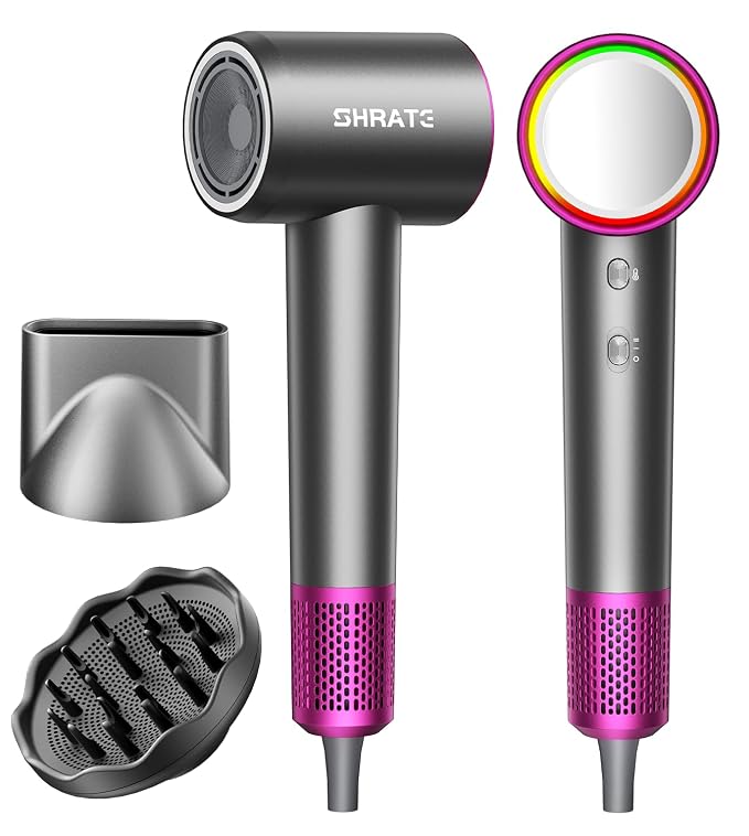 SHRATE Professional High Speed Ionic Hair Dryer | Ultra-Fast Drying | 500 Million Negative Ions | Low Noise | 160000 RPM | Compact Blow Dryer with Magnetic Diffuser for Faster Drying All Hair Types