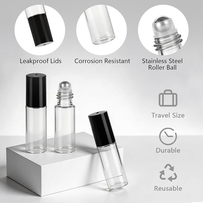Elfenstall- 20PCS 5ml Clear Glass Roller Bottles Roll On Bottle Container with Metal Ball for Essential Oil Aromatherapy Perfumes