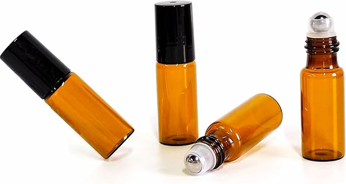 50 PCS 5ml Amber Glass Roller Bottle,Essential Oil Sample Vials with Stainless Steel Roller Ball,Black Caps,for Travel Perfume Cosmetics Small Container(2 Funnels, 2 Dropper, 1 Opener) (5ml)