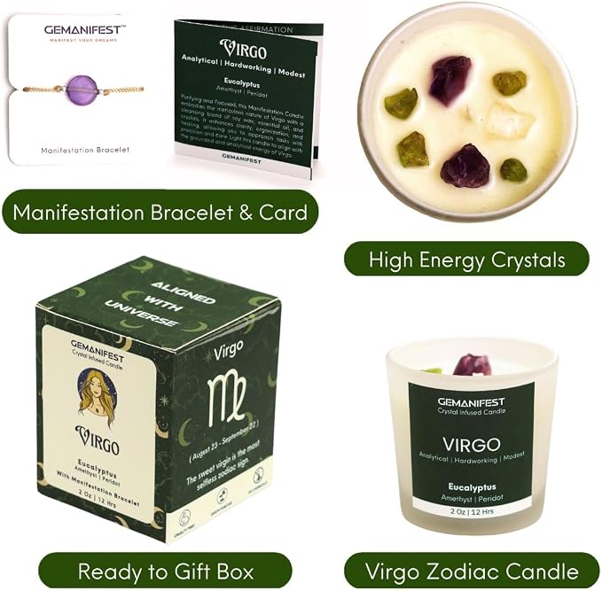 Virgo Crystal Candle with Zodiac Bracelet Virgo Gifts for Men Women Eucalyptus Soy Candles for Home Scented Birthday Astrology Gifts for Candle Lovers Spiritual People