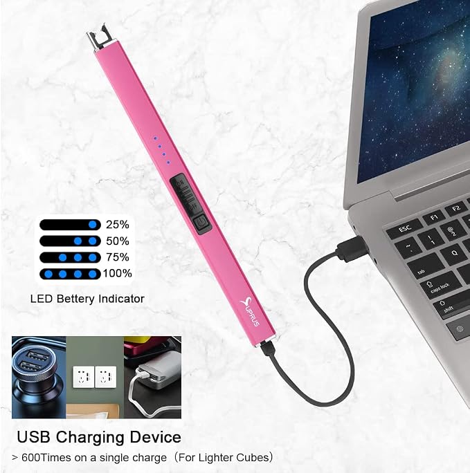 SUPRUS Fluorescent Glows in The Dark Electric Candle Lighter Rechargeable USB Arc lighters with Safety Lock Windproof Flameless Plasma for Candle BBQ Camping (Pink, 3)