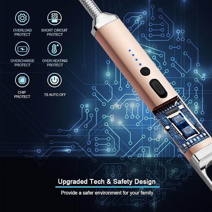 SUPRUS Rechargeable USB Arc Electric Lighetrs with Safety Switch 360° Flexible Neck Flameless Grill Long Lighters for Candle Camping Cooking (Champagne Gold, 2Packs)
