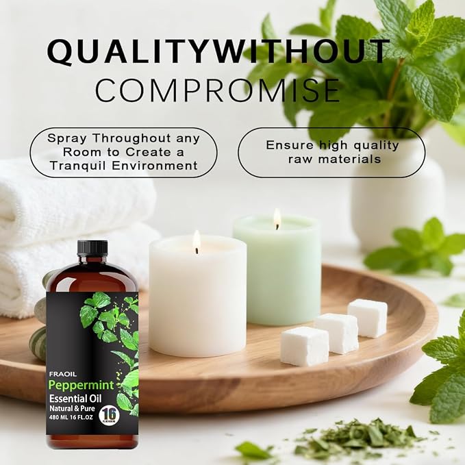 Peppermint Essential Oil, Peppermint Oil 16 Fl Oz 480 ML for Diffuser Humidifier Yoga Cleaning DIY Candle Soap Making Perfume Gift Essential Oils FRAOIL (Peppermint 16 Fl Oz (Pack of 1))