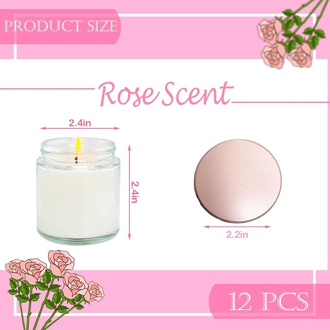 12 Pcs 4 Oz Mini White Soy Candles,Rose Scented Candles Set,Bulk Aromatherapy Candle,Great Stress Relieving Scented Candle for Girls as a Gift for Birthdays, Weddings and More!