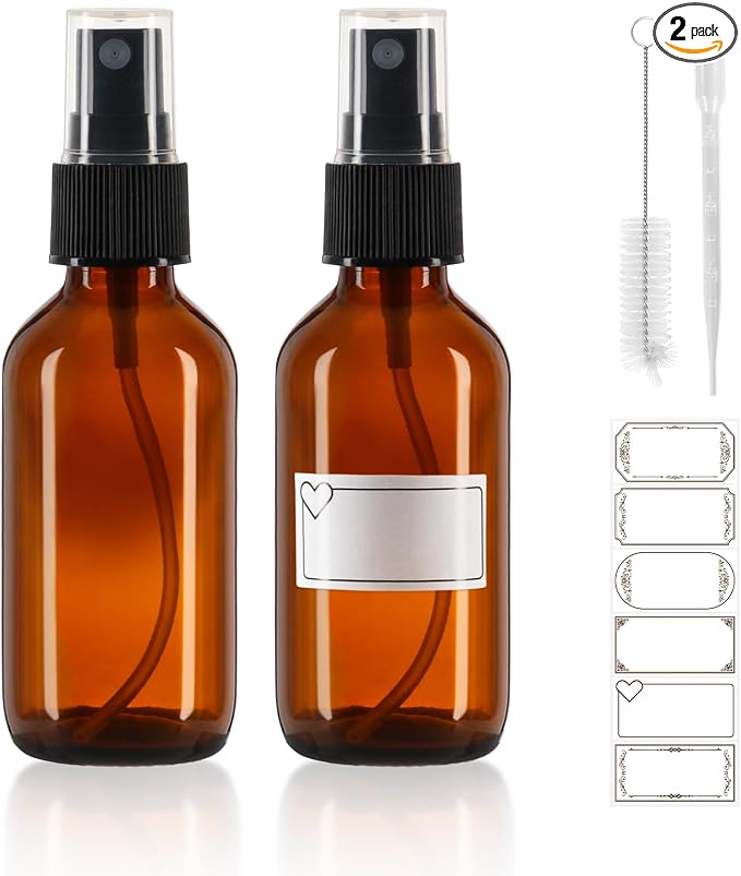 Jaisie.W Leakproof Amber Glass Spray Bottles 2 oz with Fine Mist Sprayer, 2 Pack Small Durable Refillable Travel Containers for Face Mist, Perfumes, Essential Oils, Hair, Plants - Great Value Set