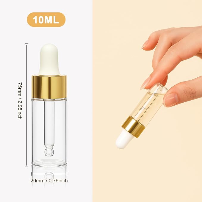 10pcs Mini Glass Dropper Bottle for Essential Oil,1ml Small Clear Sample Dropper Vails with Gold Cap,Perfume Cosmetic Liquid Containers for Traveling (10ml, 10)
