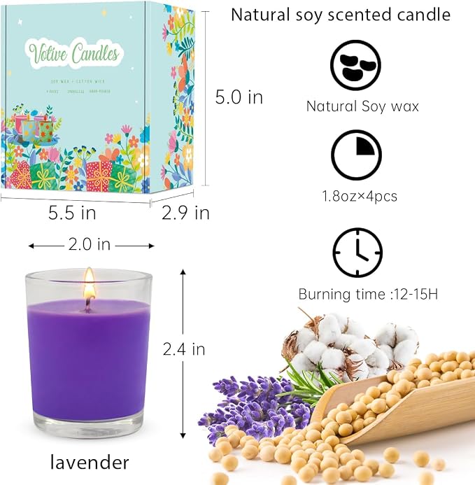 4 Pack Purple Lavender Scented Votive Candles in Clear Glass, Small 2.0 Inch Natural Soy Wax Stress Relief Colored Candles for Home Party Table Spa Holiday Decoration