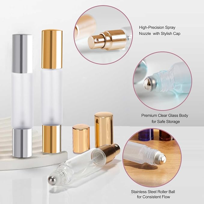 YOCASII 4PCS Roller Bottles for Essential Oils & Mini Spray Bottle Design, Refillable Essential Oil Roller Bottles and Travel Perfume Bottle Refillable for Perfume, Castor Oil