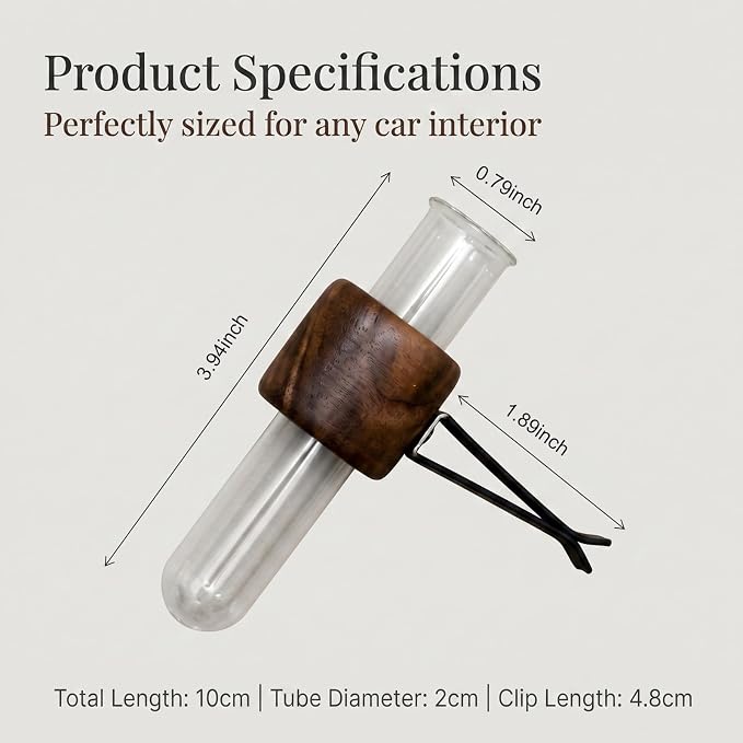 Car Vent Clip Bud Vase, Car Air Vent Propagation Vase Diffuser, Glass Tube Plants Ornamental Decoration, Universal for Horizontal, Vertical, Angled Outlets (Round Walnut)
