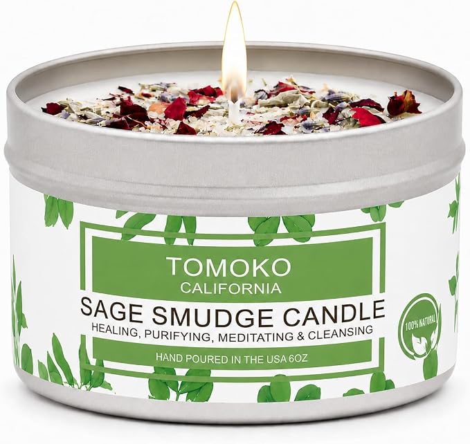 TOMOKO White Sage Candle, Sage Leaf, Rose, Lavender, Himalayan Salt & Essential Oil