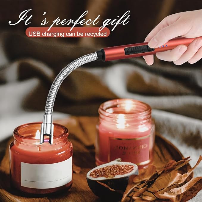 Candle Lighters USB Rechargeable Arc Electric Lighter with 360° Flexible Neck for Candle BBQ Camping (Red)