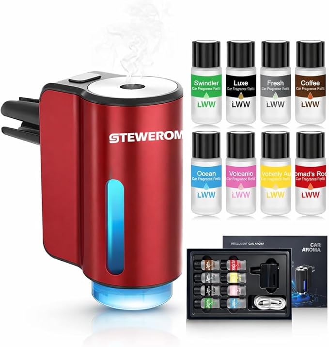 Car Air Freshener - Smart Adjustable 3-Speed Intensity, Rechargeable Humidifier Car Essential Oil Diffuser - Comes with 8 Bottles of 10ml Perfume (Red)