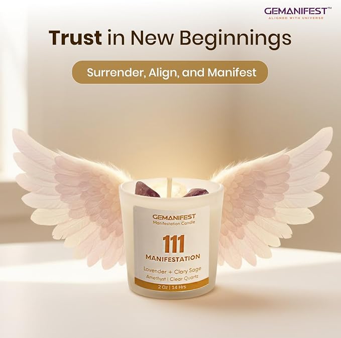 Angel Number 111 Manifestation Candle Crystal Infused Soy Wax with Amethyst & Clear Quartz Lavender & Clary Sage Scented Spiritual Gift for Meditation Affirmation and Energy Alignment