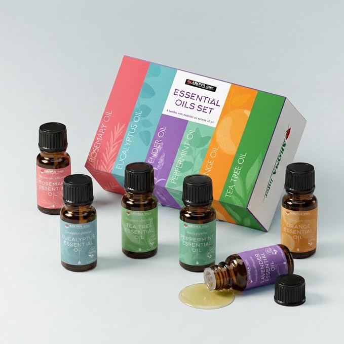 Essential Oils Set for Diffuser, 100% Pure Natural Oils, 6x10ml (Lavender, Peppermint, Eucalyptus, Tea Tree, Orange, Rosemary) for Home Fragrance, Massage, DIY