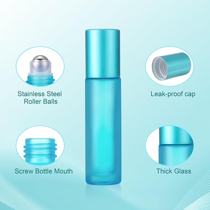 Glass Roller on Bottle, 10ml Refillable Essential Oil Bottle with Stianless Steel Ball, Pack of 10 (Light blue)