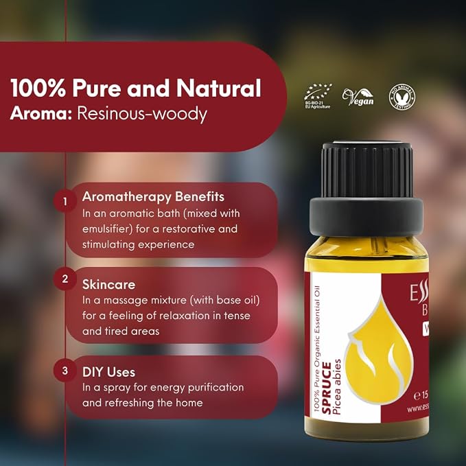 Essences Bulgaria Organic Spruce Essential Oil 0.51 Fl Oz | 15ml | Picea Abies | 100% Pure | Natural | Undiluted | Therapeutic Grade | Aromatherapy | Cosmetics | Cruelty Free | Non-GMO | Vegan