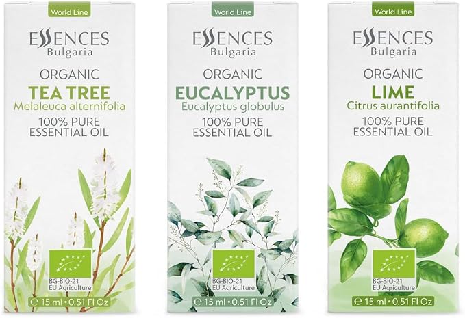 Set Morning Energy Organic Essential Oils | 1.52 Fl Oz | Lime + Tea Tree + Eucalyptus | 100% Pure and Natural | Undiluted | Therapeutic Grade | Non-GMO | (3 pcs x 15 ml)