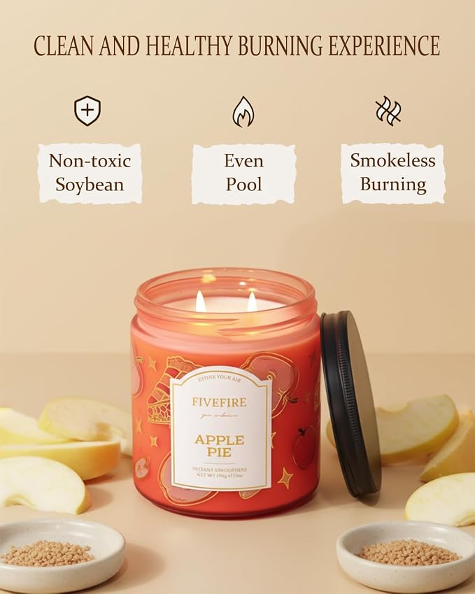 Apple Pie Scented Candles for Kitchen, 13oz Natural Soy Wax 2-Wick Jar, Up to 76-Hour Clean Burn, Warm Bakery Apple Home Fragrance, Gift for Women Men