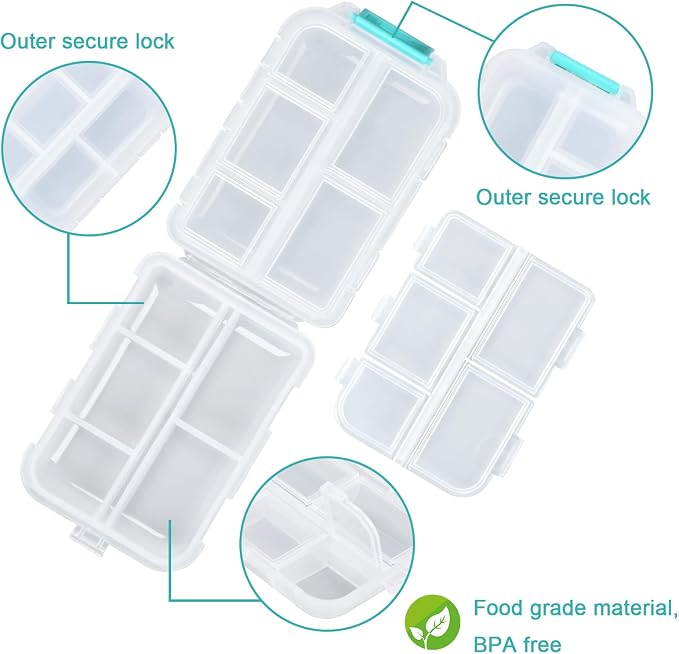 Large Pill Organizer Travel with 189 Medicine Labels, 10 Compartments Travel Medicine Organizer Travel Pill Box Purse Pill Case Compact Pill Organizer Pill Container (White, 1 Pack)