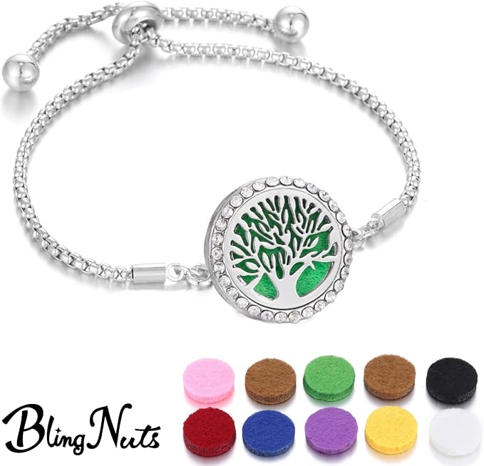 Tree of Life Essential Oil Diffuser Bracelet Stainless Steel Family Tree CZ Aromatherapy Locket Scent Bracelet with 10 Refill Pads