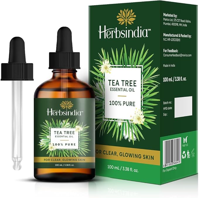 HerbsIndia Tea Tree Essential Oil for Skin - Huge 3.3 Fl Oz - 100% Pure - Premium Grade with Glass Dropper, Undiluted, Non-GMO