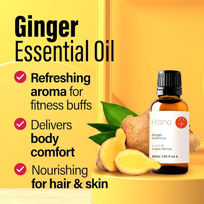 H'ana Ginger Oil - 1.02 Fl Oz Ginger Essential Oil for Hair, Skin, Diffuser, Aromatherapy & DIY