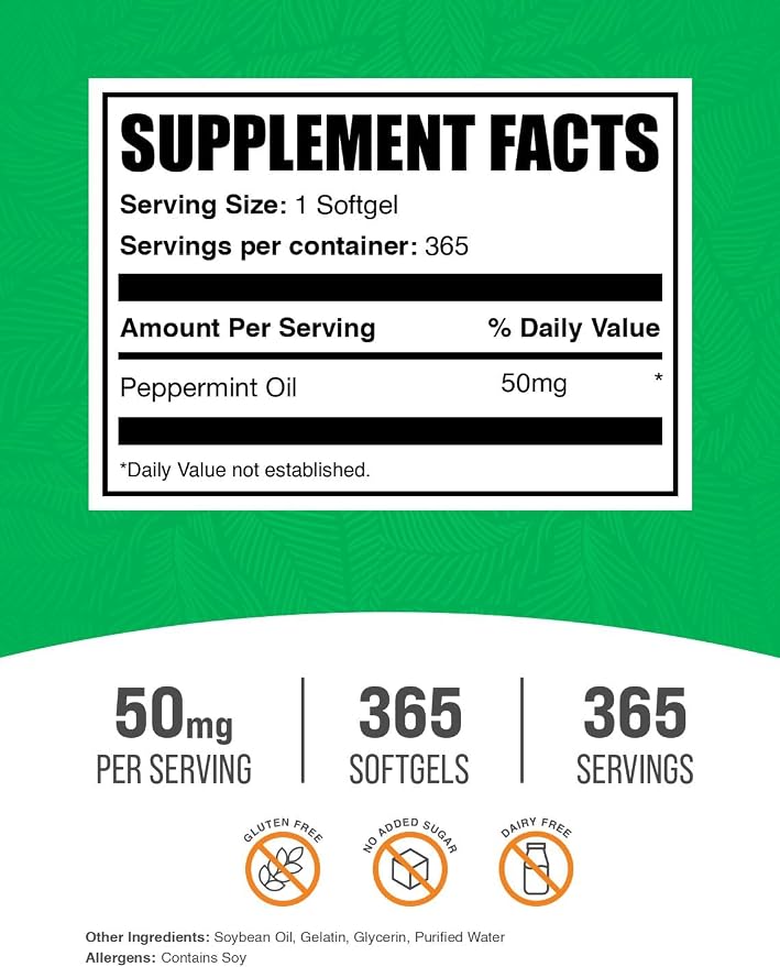 BulkSupplements.com Peppermint Oil Softgels - Peppermint Supplement, Peppermint Oil Pills, Peppermint Oil Capsules 50mg - Gluten Free, 1 Softgel per Serving, 365 Count (Pack of 1)