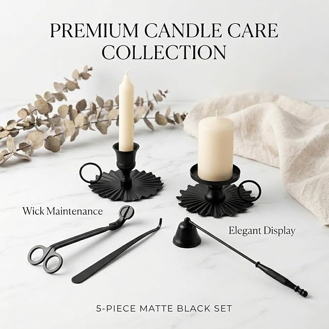 5 Piece Candle Accessory Set - Wick Trimmer, Snuffer, Dipper, Lighter, Candle Holder - Stainless Steel