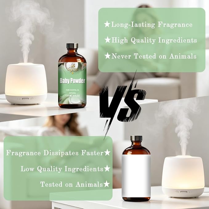 Baby Powder Fragrance Oil, Baby Powder Oil 4 Fl Oz 120ml for Diffuser Yoga Soap & Candle Making – with 0.33 Oz Roller Ball & Dropper YHSESSE Fragrance Oils
