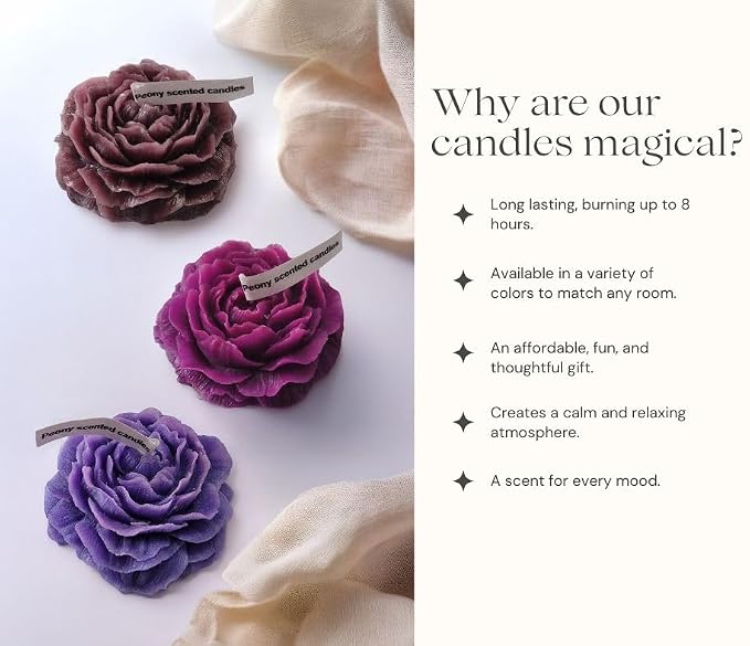Peony Flower Shaped Candle with Scent, Soy Wax Blend Aromatherapy Candle, Gift Candle, Gifts for Women, Candles for spa, Stress Relief, Meditation, Wedding, Home Decor, Relaxing Atmosphere, (Violet)